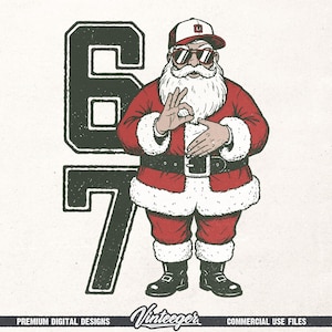 May include: Illustration of Santa Claus wearing sunglasses and a baseball cap, giving an 'okay' hand gesture. He is dressed in a red suit with white trim, and the number '67' is printed in black on the left side. The image has a vintage design.