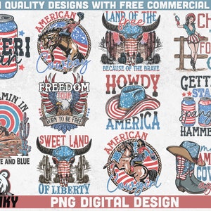 4 luglio Bundle PNG / Western 4 luglio png / Disegni di sublimazione / Pacchetto giorno dell'indipendenza / Disegni del 4 luglio / Paese USA png
