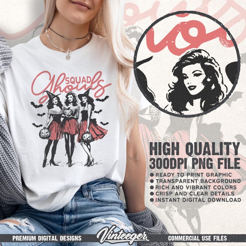 Squad Ghouls Png | Retro Halloween shirt design | Halloween sublimation png | Trendy Halloween girl Png | Fall graphic Png | Witch shirt Png image 2