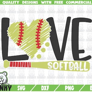 Love Softball SVG - Plik do cięcia - Plik DXF - Serce Softbal SVG - Love baseball SVG - Kij baseballowy - Kij do softballu - Fan softballu SVG - Serce SVG