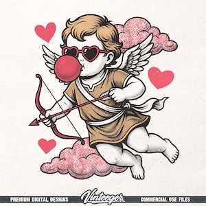 May include: Illustration of Cupid with heart-shaped sunglasses blowing a bubblegum bubble. Cupid is holding a bow and arrow, with wings and floating on a cloud. Red hearts are scattered around the image. The image has the text "Vinteeger" and "Premium Digital Designs".