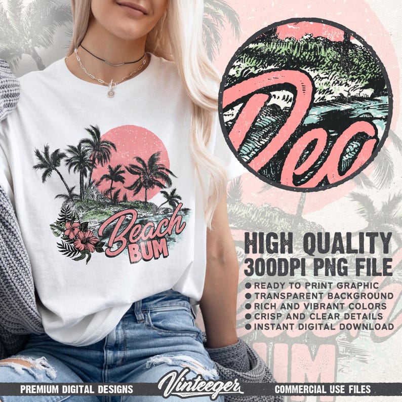 Beach bum Png | Summer sublimation Png | Retro beach design | Tropical shirt print | Beach lover design | Retro summer design Png image 2