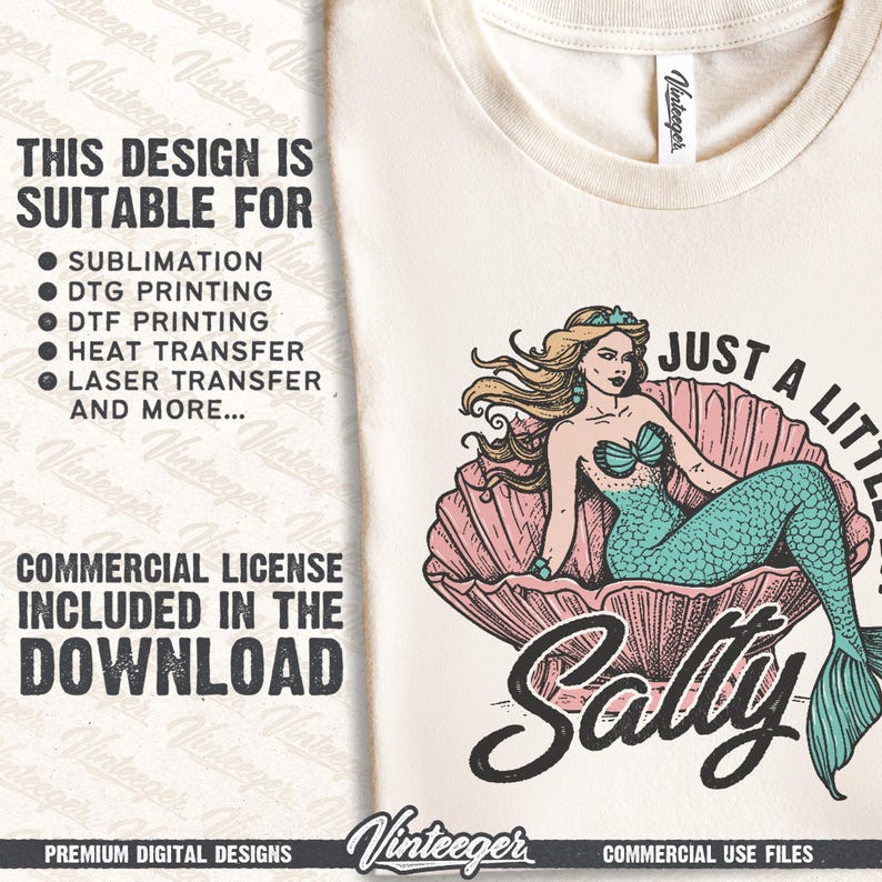 Just a little bit salty Png | Mermaid shirt design | Retro summer sublimation Png | Beach shirt design | Retro summer design Png | Digital image 3