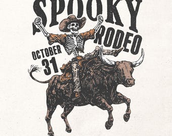Halloween Graphic PNG - Retro Western T-Shirt Print with Cowboy Skeleton Design - Vintage Halloween PNG for Sublimation and DTG printing