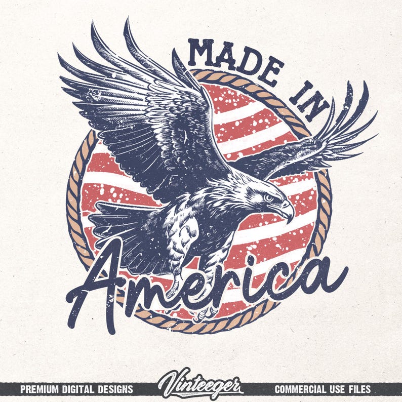 May include: A vintage-style graphic featuring a soaring eagle with outstretched wings, set against a red and white striped background. The words "MADE IN AMERICA" and "America" are prominently displayed. The design is framed by a rope border.