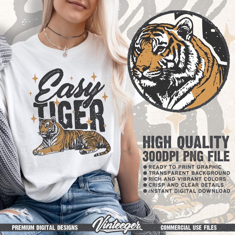 Trendiges Retro T-Shirt Design - Lustiges Zitat PNG mit Tiger Grafik - Humorvoller Druck für Sublimations- und DTG-Druck - Vintage Mädchen zum Ausdrucken Bild 3