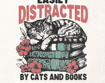 Cats and books retro PNG design - Book lover t-shirt graphic - Cat mom PNG design for sublimation and printing - Book club tshirt design png