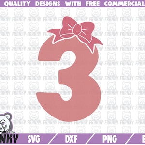 Drei mit Schleife SVG - schneiden Datei - DXF-Datei - Nummer drei SVG - 3 Jahre Geburtstag Svg - Geburtstag Mädchen Svg - drei Jahre Svg - digitaler Download