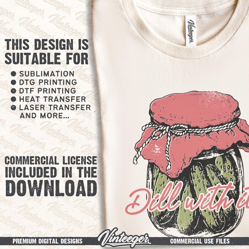 Dill With It PNG | Funny Pickle T-Shirt Design, Vintage Pickle Jar Sublimation, Trendy girl retro printable design, Funny retro graphic PNG image 3