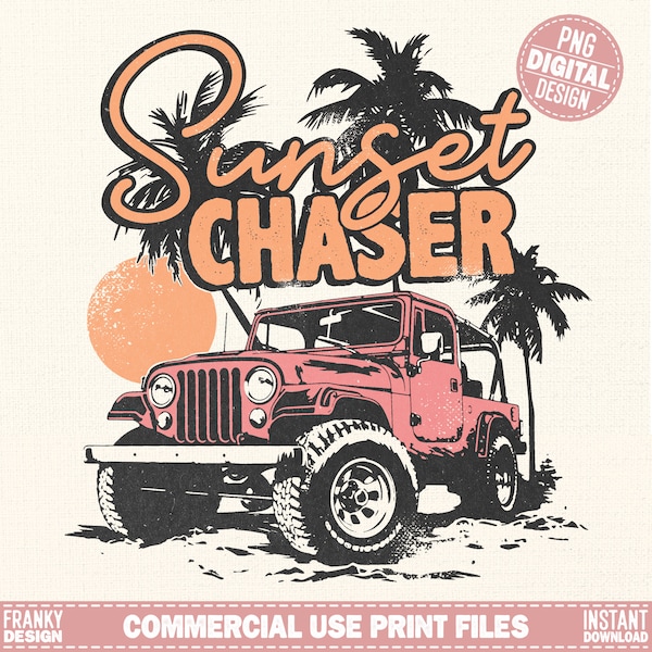 Sunset chaser Png | Retro summer shirt design | Summer sublimation Png | Beach shirt print | Retro Jeep design | Retro summer graphic png