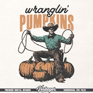 Retro herfstsublimatieontwerp png – Westerncowboy-pompoenafbeelding voor T-shirtafdrukken en decoratie - digitale herfstdownload voor het land afbeelding 1