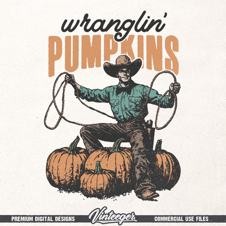 Retro herfstsublimatieontwerp png – Westerncowboy-pompoenafbeelding voor T-shirtafdrukken en decoratie - digitale herfstdownload voor het land afbeelding 1