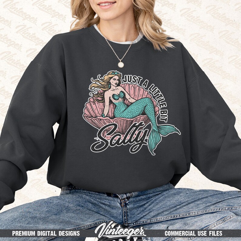 Just a little bit salty Png | Mermaid shirt design | Retro summer sublimation Png | Beach shirt design | Retro summer design Png | Digital image 5