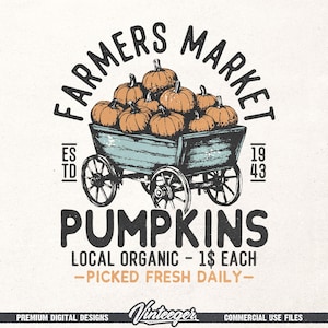 Mercato degli agricoltori Png / Design autunnale retrò Png / Design a sublimazione autunnale / Grafica autunnale Png / Zucche fresche di fattoria Png / Carrello delle zucche png