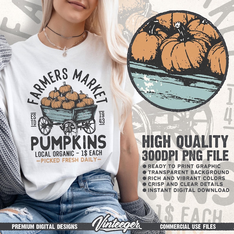 Bauern Markt Png | Retro Herbst Design Png | Herbst Sublimationsdesign | Herbst Grafik Png | Bauernhof frische Kürbisse Png | Kürbisse Warenkorb png Bild 2