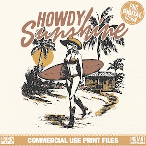 Howdy sunshine retro cowgirl PNG, Western beach sublimation design, Vintage surfing digital print, Sunkissed boho summer shirt design