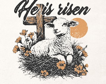 He is risen Easter sublimation graphic PNG, Christian retro Easter design, religious lamb and cross print, vintage resurrection clipart