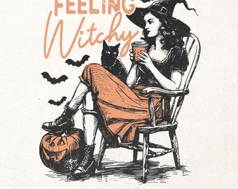 Feeling witchy Png | Halloween sublimation design | Retro Halloween png | Fall shirt print | Witchy woman Png | Halloween girl graphic Png