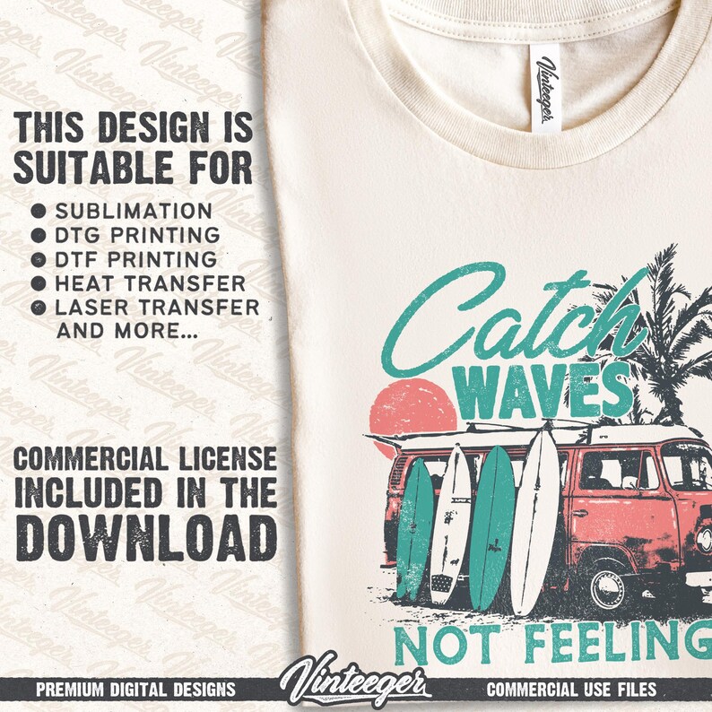 Catch waves not feelings Png | Retro summer shirt design | Funny beach shirt Png | Retro van with surfboards | Vintage summer design image 3