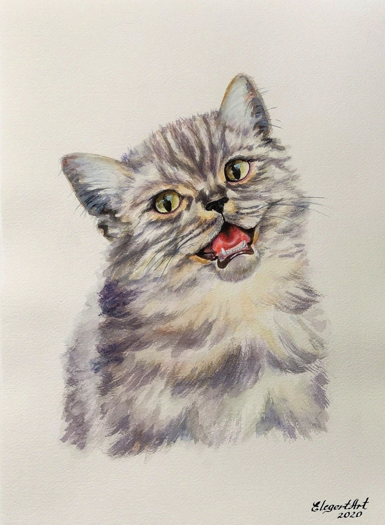 Katzenportrait mit Aquarellfarben kein Druck handgemachtes Aquarellbild personalisiertes Geschenk Weihnachten Silvester Andenken Haustier Bild 3