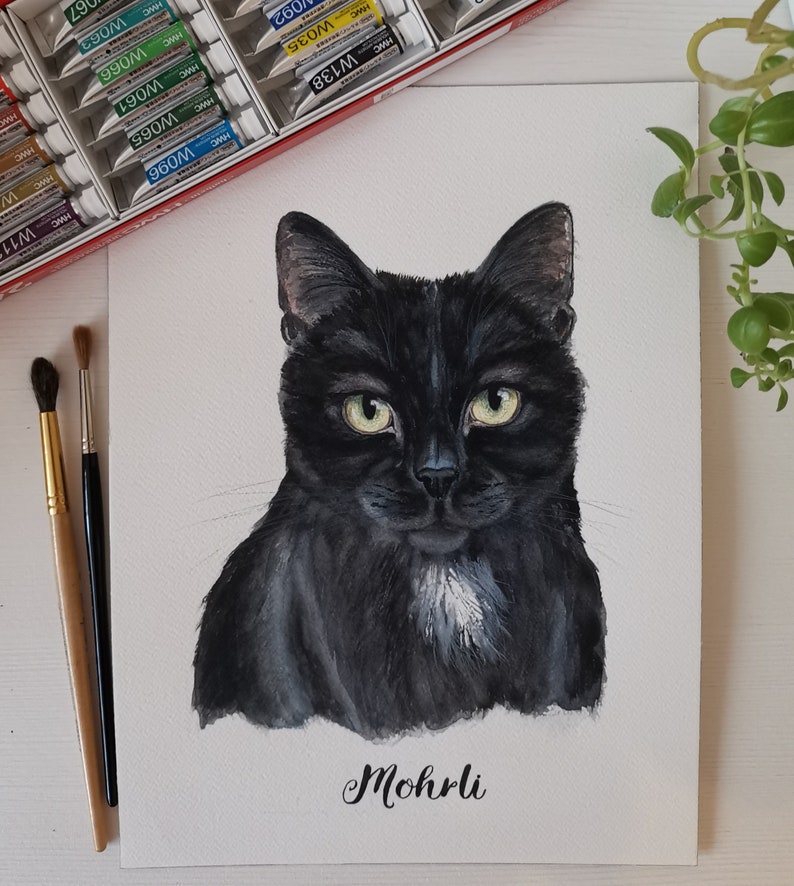 Katzenportrait mit Aquarellfarben kein Druck handgemachtes Aquarellbild personalisiertes Geschenk Weihnachten Silvester Andenken Haustier Bild 4