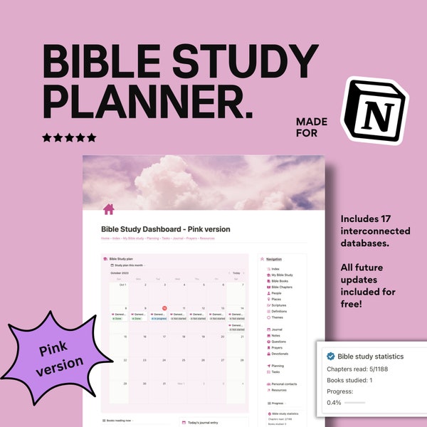 Pink Bible study Notion Planner: This Notion bible study template is a digital bible study notebook, prayer tracker, Bible journal and more!