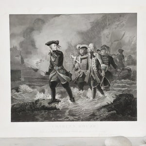 Antique Etching Historical Battle Charles XII Carl of Sweden Engraving after oil painting 19th century
