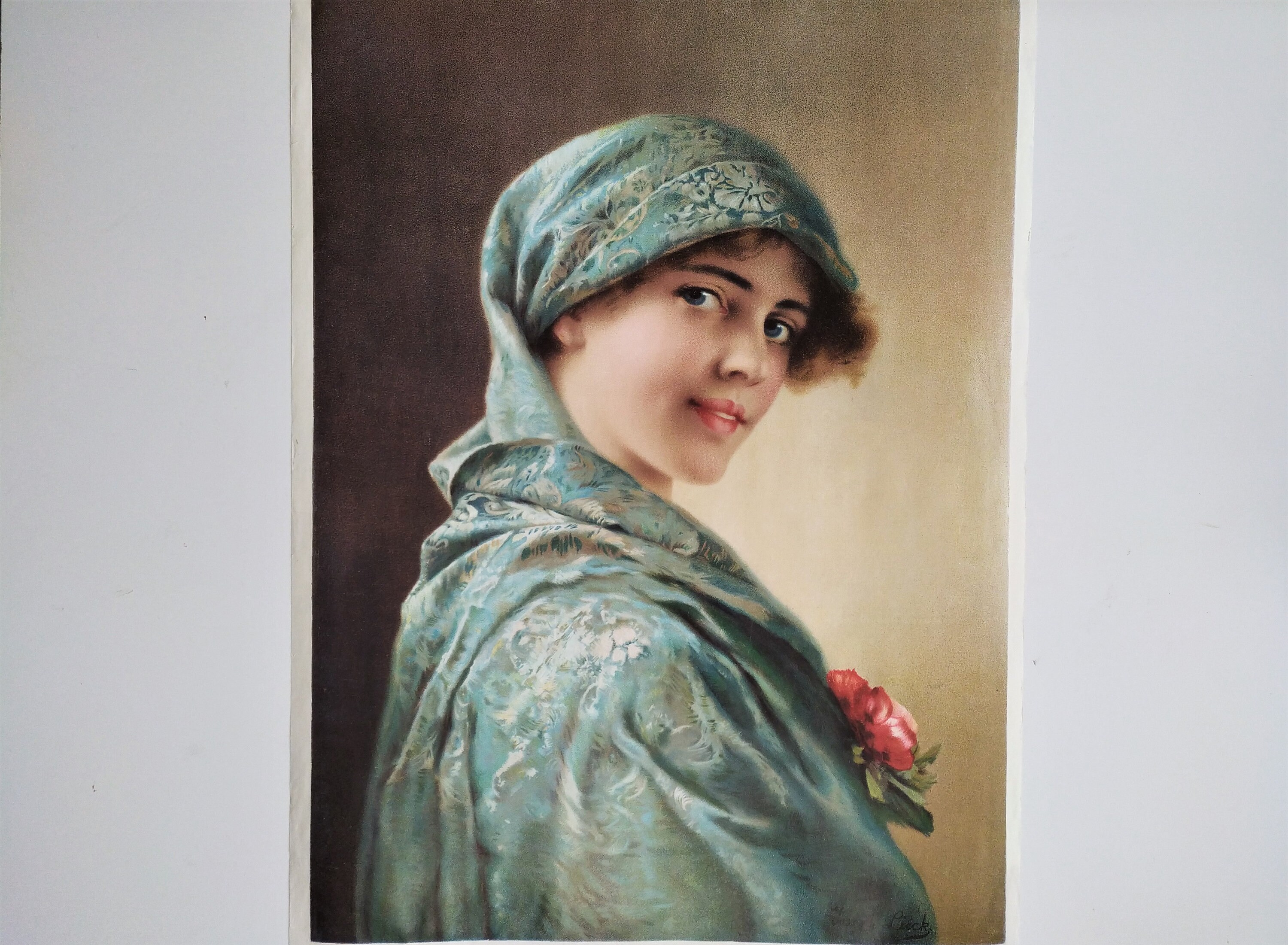 Portrait Féminin Victorien Chromolithographie d'après Le Peintre Allemand Vintage Print Art Nouveau