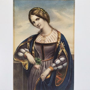 Portrait Woman in Renaissance costume holding a rose Hand Coloured lithograph 19th c