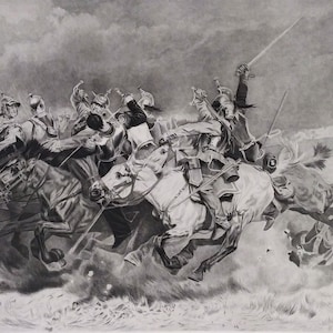 19th Antique Etching after Military oil Painting Battle Charge of Cuirassiers in Rezonville