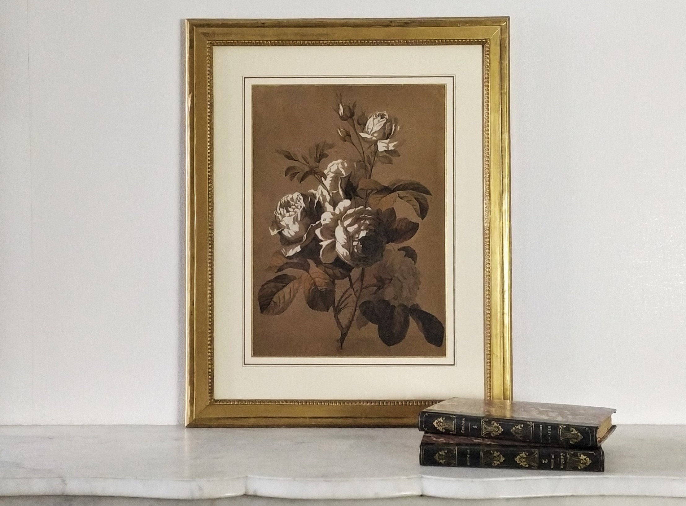 Tableau Encadré Dessin Nature Morte Fleurs Roses 19Ème Botanique Signé