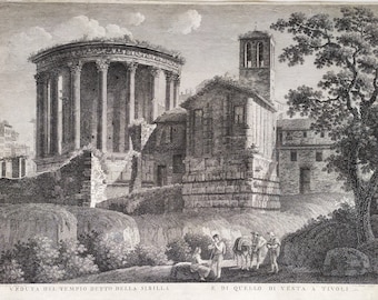 Architecture Etching Italy Temple Of La Sybille And Tivoli 18th Century Old Print