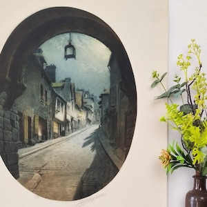 Landschap Antieke Ets en Aquatint Old City Street French Village 20e