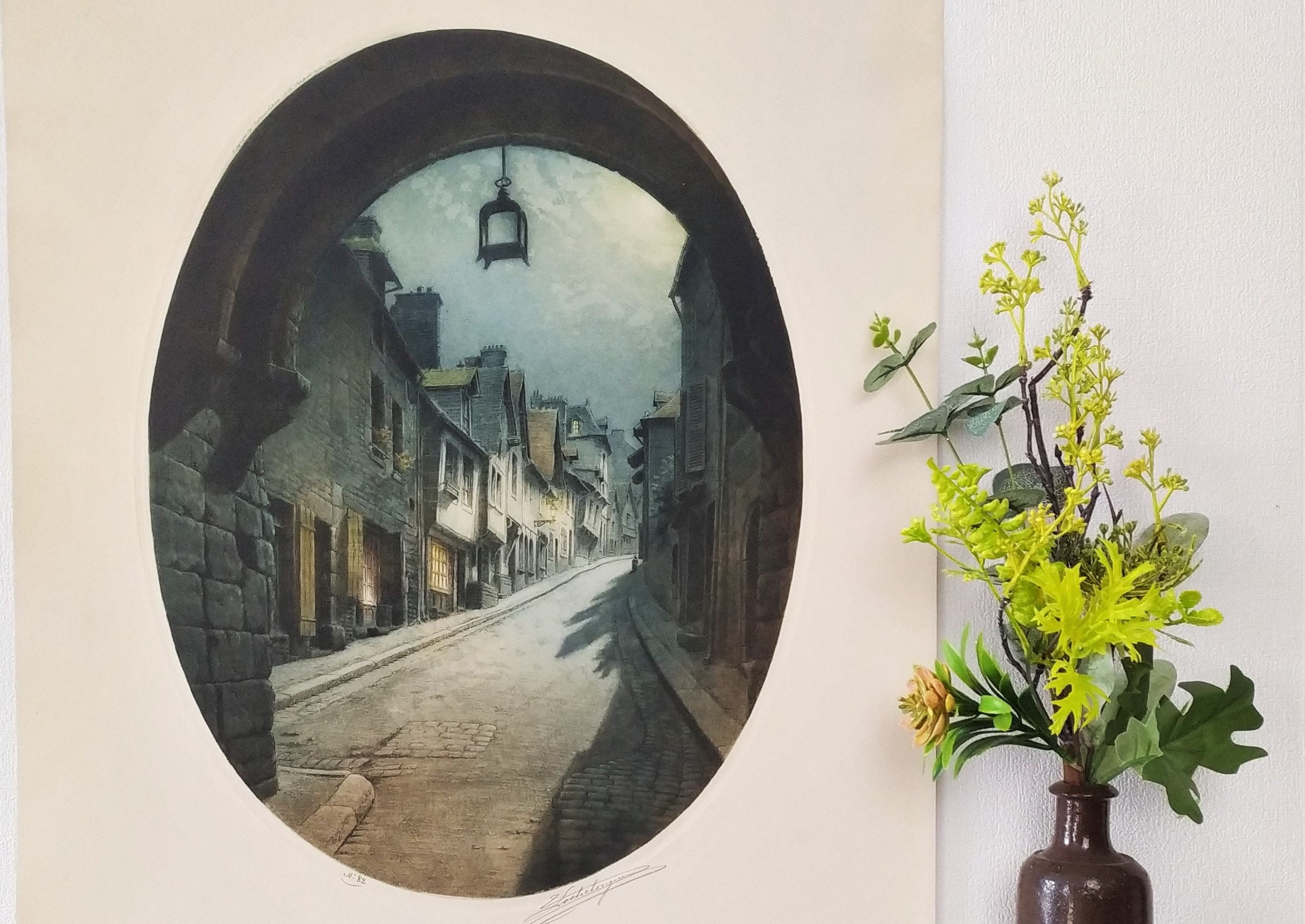 Landscape Antique Etching and Aquatint Old City Street French Village 20th