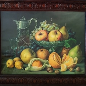 Vintage stilleven met fruit ingelijste chromolithografie Mid Century keuken kunst aan de muur