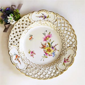 Antique Saxe Porcelain Plate Hand Painted Flowers Gold Trim Hermann Ohme Circa 1900 German Decorative Wall Dish Collectible Tableware