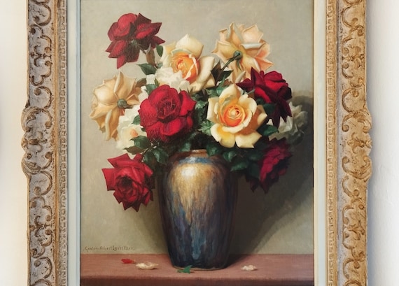 Painting Oil on Canvas Still Life Roses by Gaston Albert