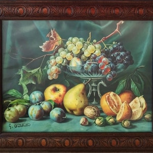 Ingelijste vintage stilleven met fruit Chromolithografie Mid Century Kitchen Wall Art