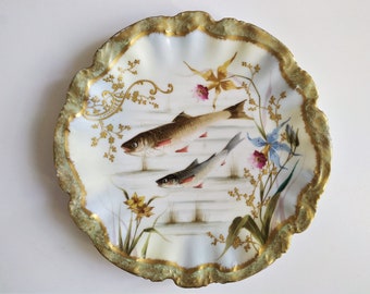 Dekorativer Teller in Handbemalter Porzellan Limoges Fische