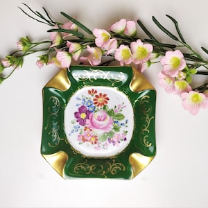 Limoges Porcelain Hand Painted Dish Ashtray Pin Tray with Flowers Decor Vintage