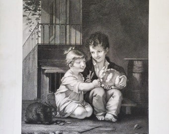 Children Rabbits Antique Etching 19th C. Victorian Engraving