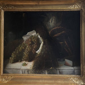 Antique Oil Painting Still Life With Grapes Framed 19th Century