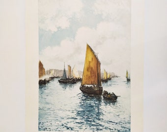 Antique Etching Aquatintr Seascape after French Coaster Painting - Sailboat Art