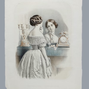 Watercolored Lithograph Victorian Portrait Of A Lady In Mirror Artwork 19th C Old Print