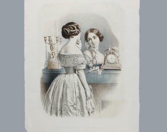 Watercolored Lithograph Victorian Portrait Of A Lady In Mirror Artwork 19th C Old Print