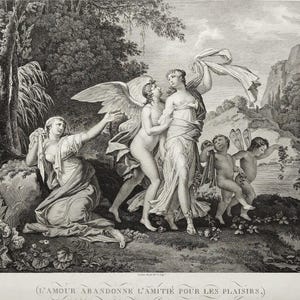 Ets Allegorische gravure Liefde Vriendschap Cazenave 19e-eeuwse mythologische oude prent
