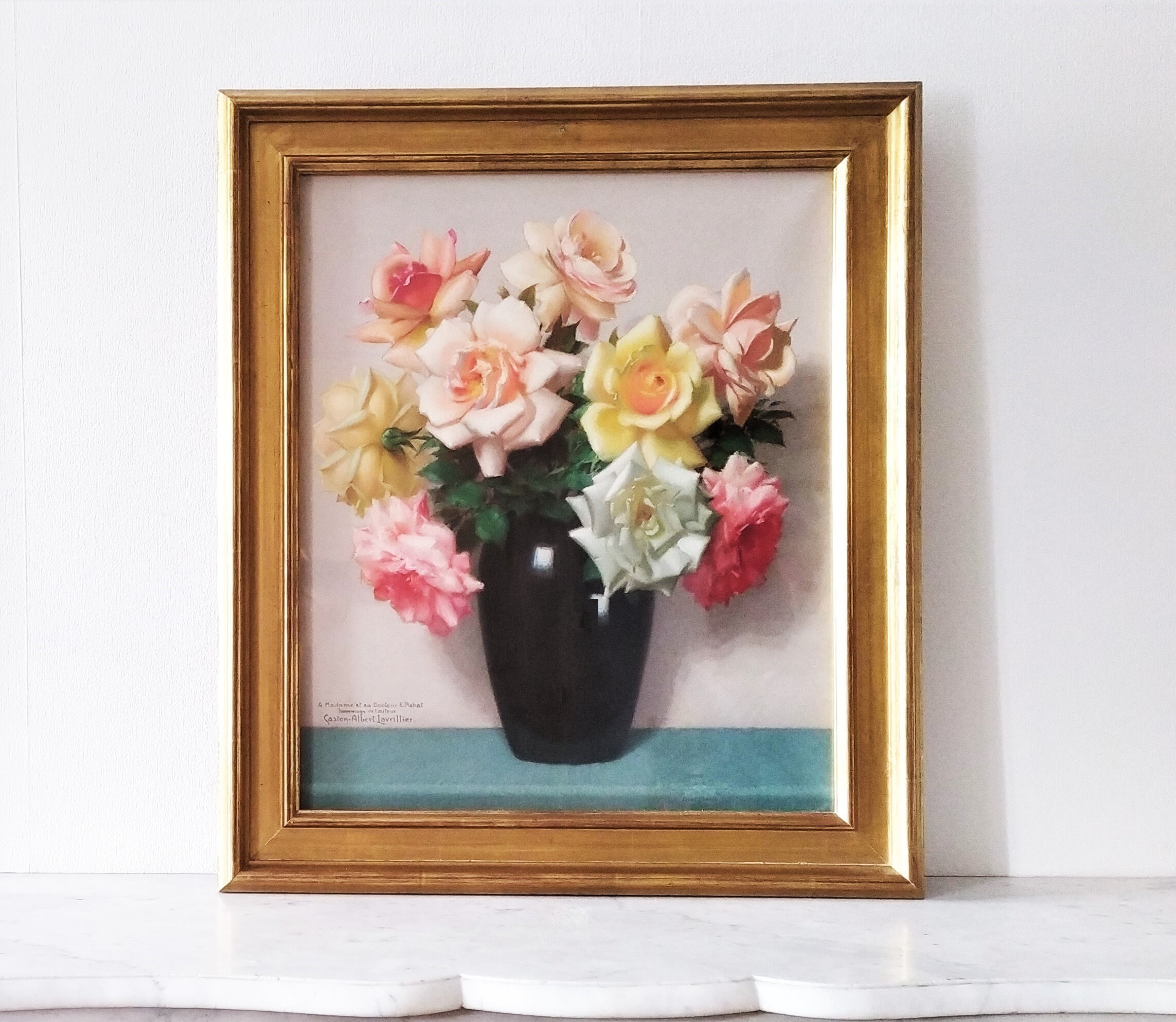 Peinture Nature Morte Fleurs Roses Pastel Par Français Peintre Milieu Du Siècle Encadré