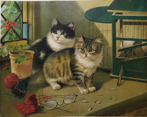 Tableau Chats Chromolithographie D Apres Une Peinture Etsy