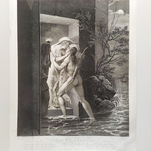 Mythologische gravure held en Leander 19e c ets print