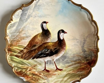 Talerz dekoracyjny Limoges, ręcznie malowana porcelana z ptakami, połowa wieku